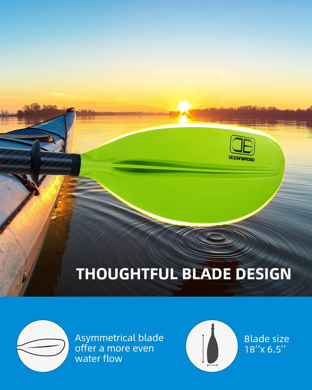 OCEANBROAD Adjustable Kayak Paddle - 86in/220cm to 94in/240cm Carbon Fiber Shaft, Green