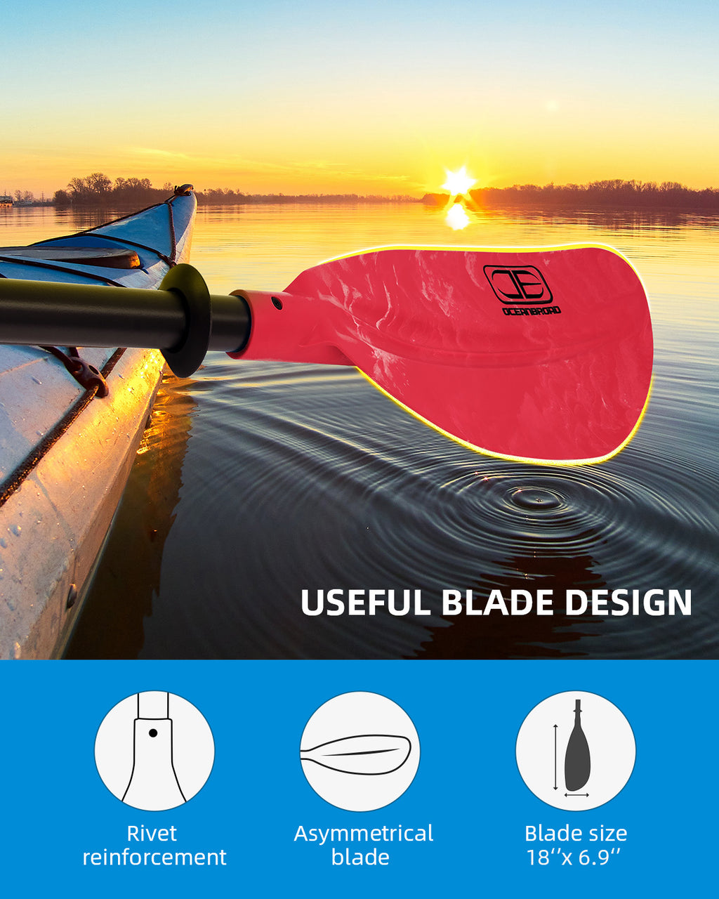 OCEANBROAD Adjustable Kayak Paddle - 86in/220cm to 94in/240cm Alloy Shaft, Red