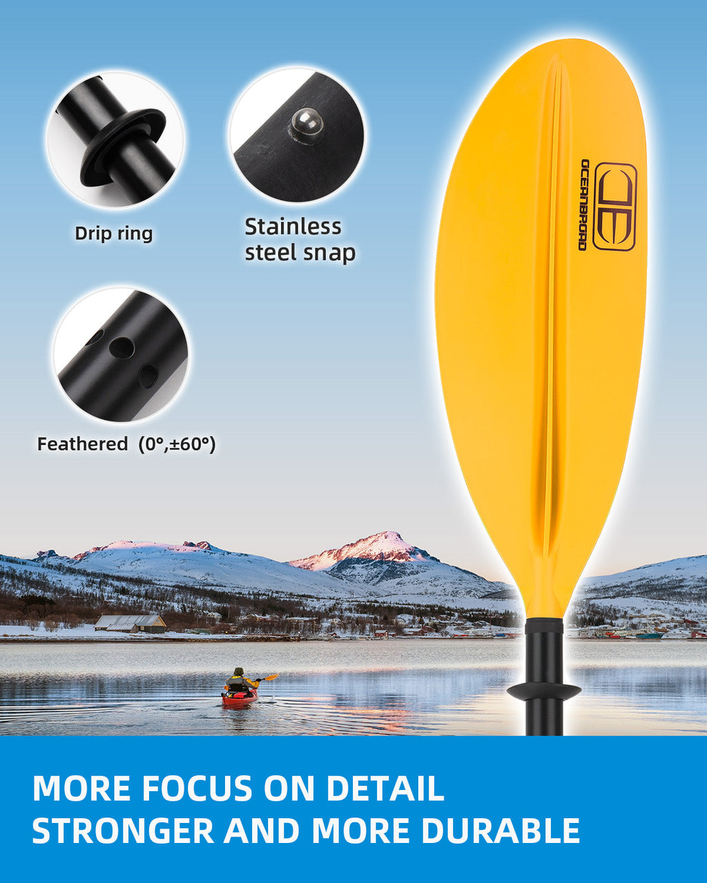 OCEANBROAD Kayak Paddle - 95in / 241cm Aluminum Alloy Shaft, Yellow